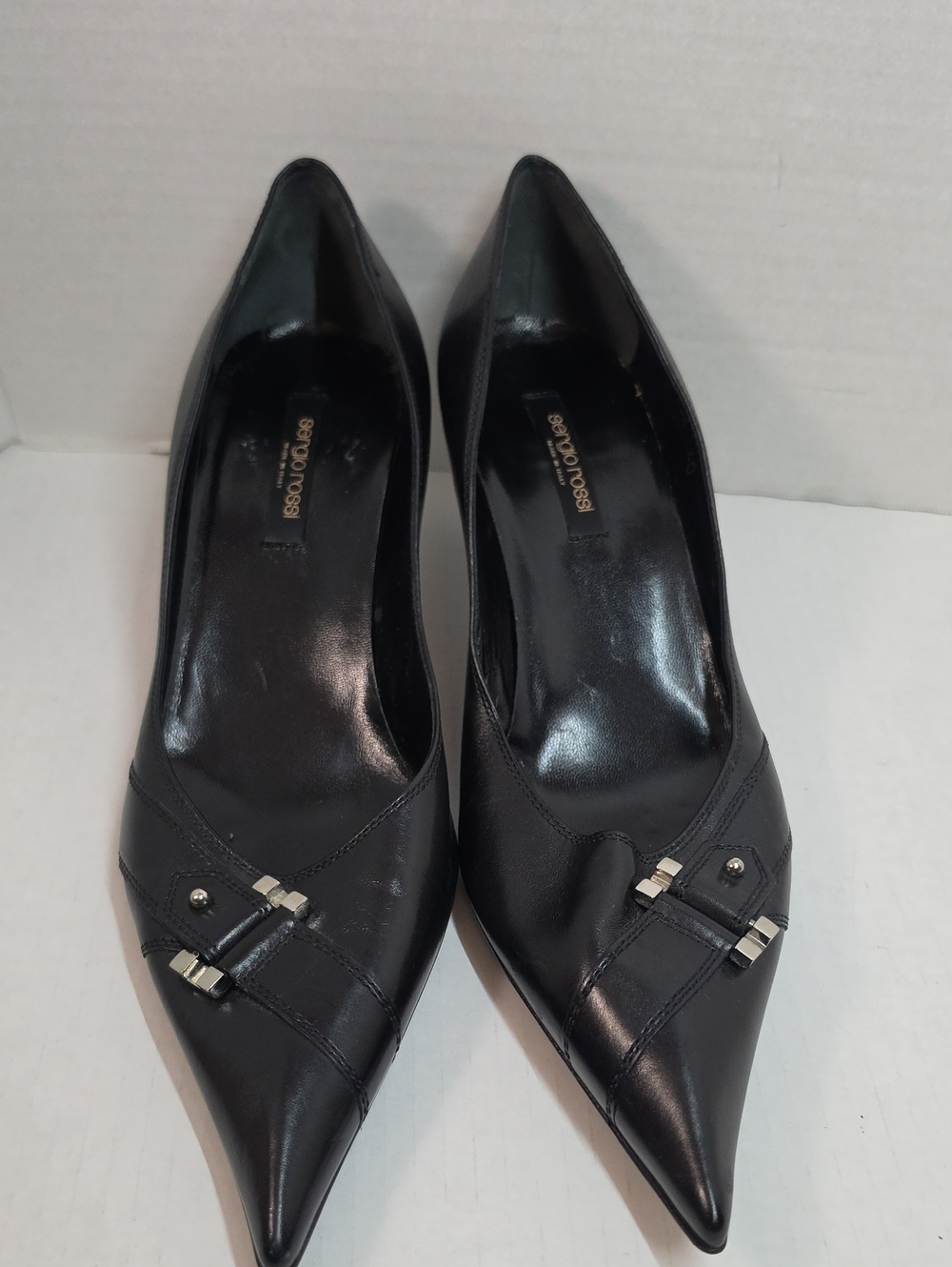 Sergio Rossi Black Pointed Leather Pumps with Silver Accents
